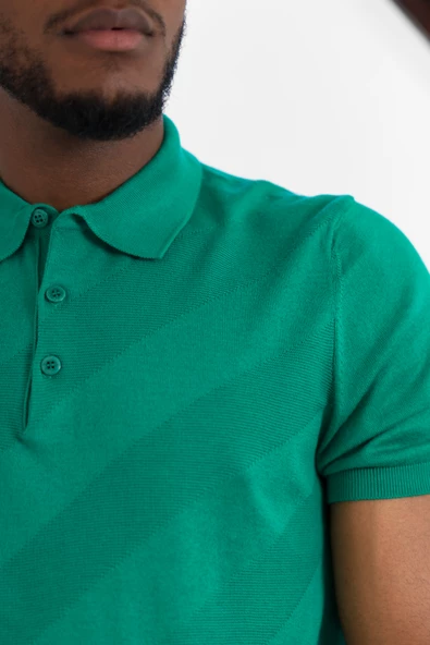 San&Fa Polo Yaka Düğme Detaylı Kendinden Desenli Kısa Kol Erkek Yazlık Triko T-shirt - Resim 3