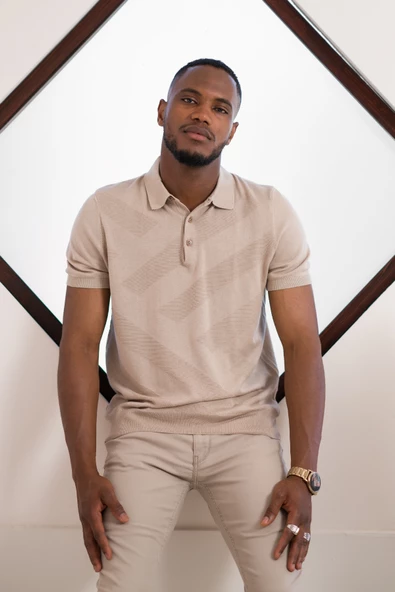 San&Fa Polo Yaka Düğme Detaylı Kendinden Desenli Kısa Kol Erkek Yazlık Triko T-shirt - Resim 9