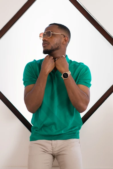 San&Fa Polo Yaka Düğme Detaylı Kendinden Desenli Kısa Kol Erkek Yazlık Triko T-shirt
