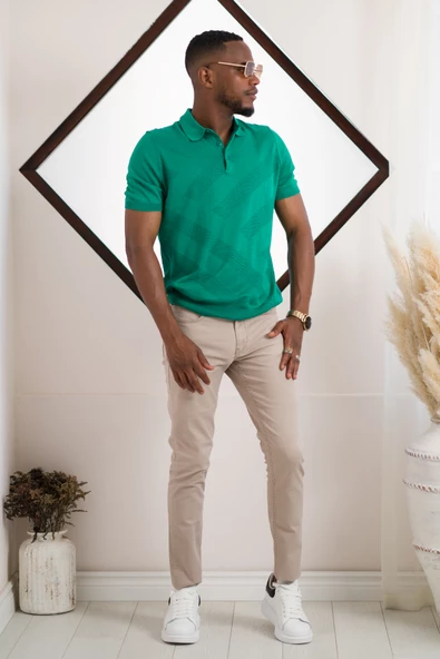 San&Fa Polo Yaka Düğme Detaylı Kendinden Desenli Kısa Kol Erkek Yazlık Triko T-shirt - Resim 2