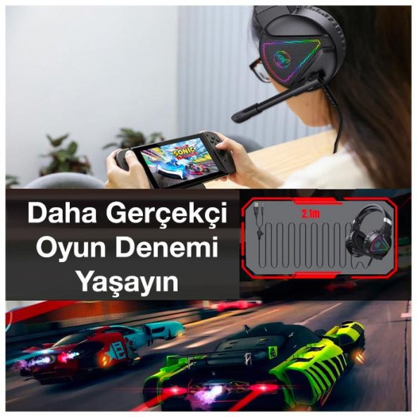 Coofbe RGB Işıklı 3 Katmanlı Hoparlör Gürültü Engelleyici 3.5MM Profesyonel Oyuncu Kafaüstü Kulaklık - 7