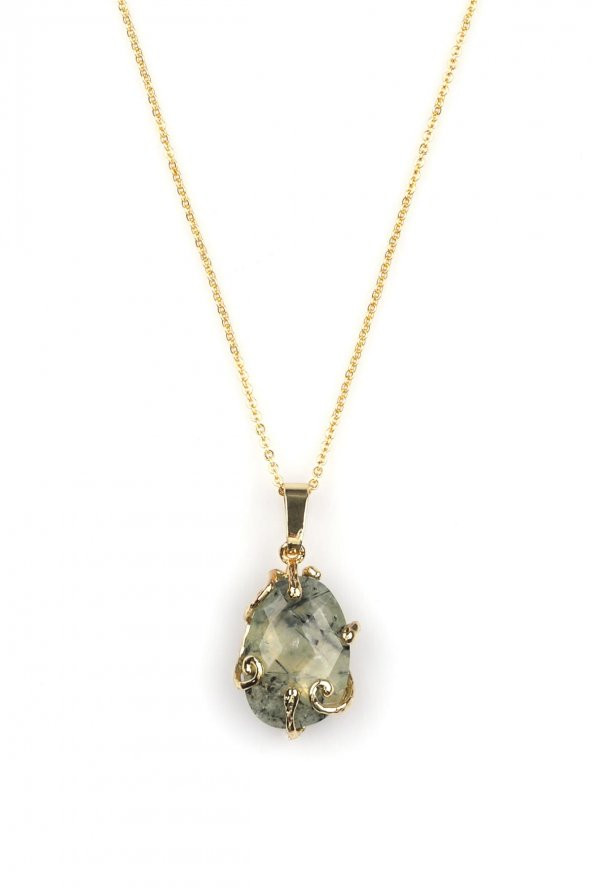 Prehnite Doğal Taş Gold Renkli Kolye