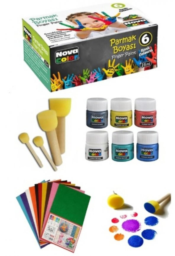 glanart 6 Renk Parmak Boyası 4 Lü Ponpon 10 lu Keçe Çocuk Boyama Kırtasiye Seti ürün görseli 1