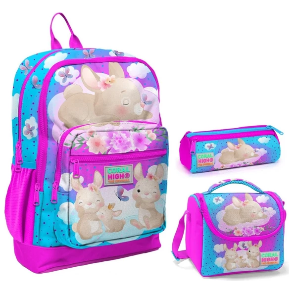 Coral High Pembe Mavi Tavşan Desenli Beslenme Okul Çantası Kalemlik