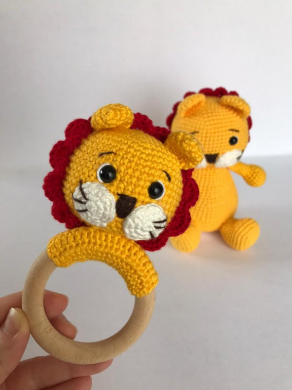 Sevimli Aslan Uyku Arkadaşı ve Çıngırak Amigurumi Organik Oyuncak - 2