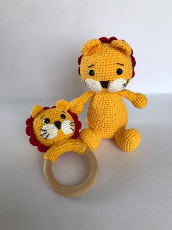 Sevimli Aslan Uyku Arkadaşı ve Çıngırak Amigurumi Organik Oyuncak - 3