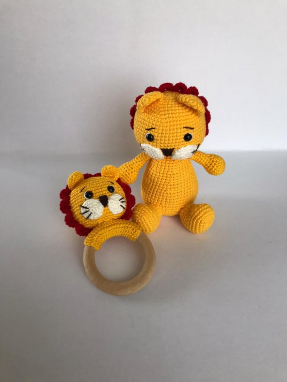Sevimli Aslan Uyku Arkadaşı ve Çıngırak Amigurumi Organik Oyuncak - 4