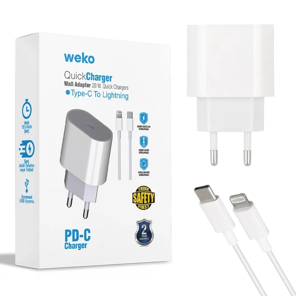 Weko Wk-21443 Pd-c 20 Watt Type-c Şarj Başlık Adaptörü + Type-c To Lıghtnıng Kablo No:9