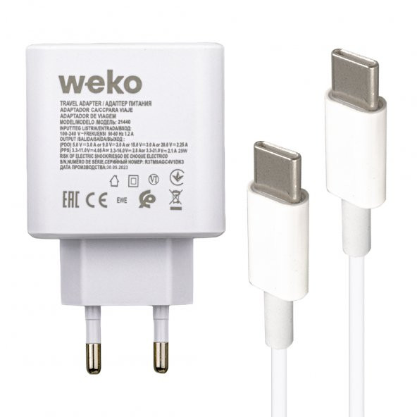 WEKO WK-21440 S11-C 25 WATT BEYAZ ŞARJ BAŞLIK ADAPTÖRÜ + TYPE-C TO TYPE-C KABLO (NO:9T)