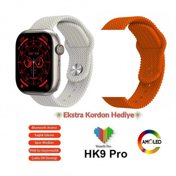 Tech bello Hk 9 Pro Amoled Ekran Kordon Hediyeli Akıllı Saat Smartwatch Ultra 45 Mm Kordon Kilitli Pusula