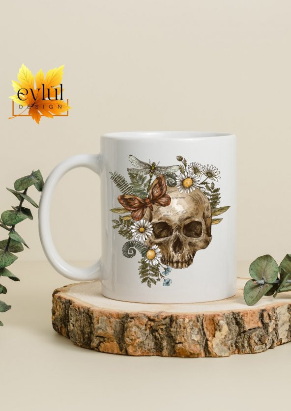 Çiçekli Kurukafa Temalı Sanat Özel Tasarım Baskılı Kupa Bardak Hediye Bardak - Resim 2