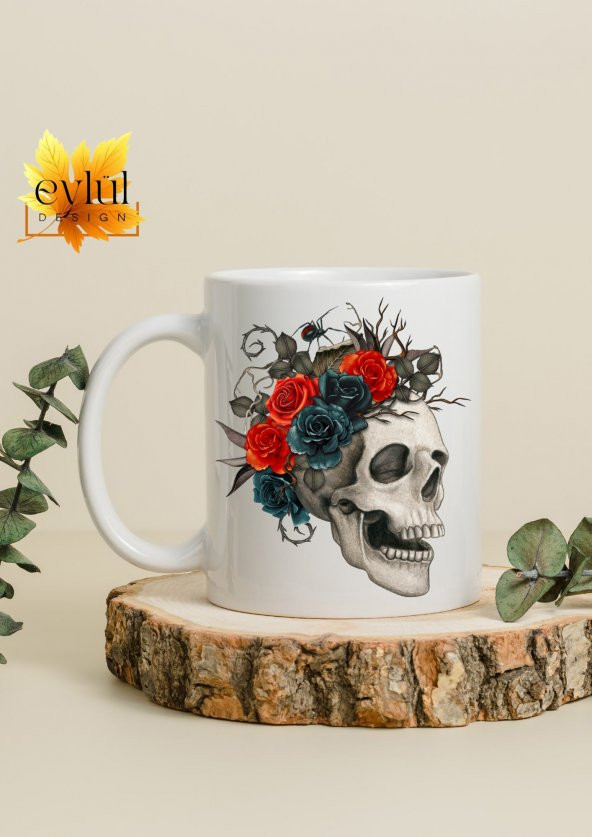 Çiçekli Kurukafa Temalı Sanat Özel Tasarım Baskılı Kupa Bardak Hediye Bardak - Resim 2