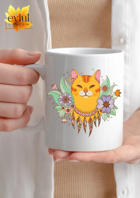Çiçekli Kedi Temalı Sevimli Özel Tasarım Baskılı Kupa Bardak Hediye Bardak ürün görseli