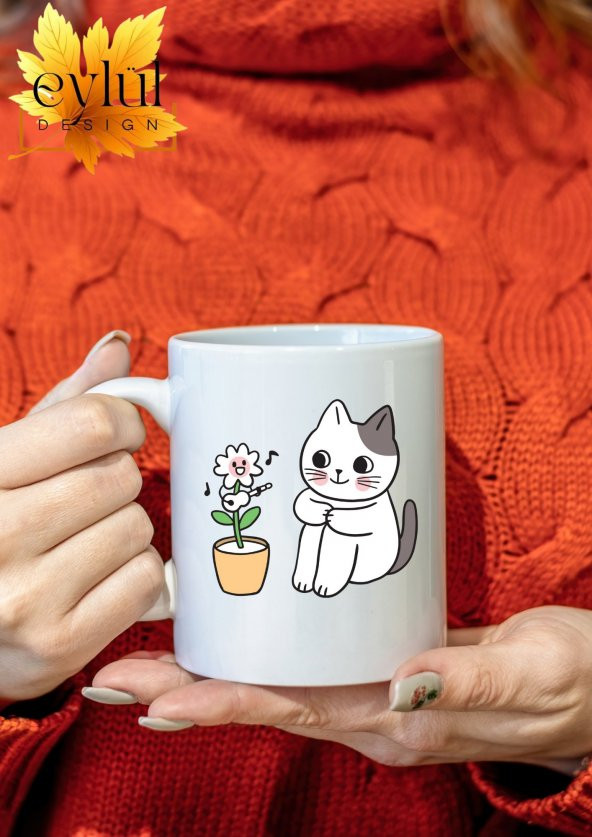 Çiçek ve Kedi Temalı Sevimli Özel Tasarım Baskılı Kupa Bardak Hediye Bardak