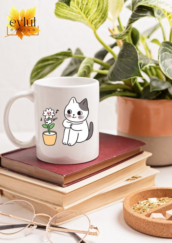 Çiçek ve Kedi Temalı Sevimli Özel Tasarım Baskılı Kupa Bardak Hediye Bardak - 2