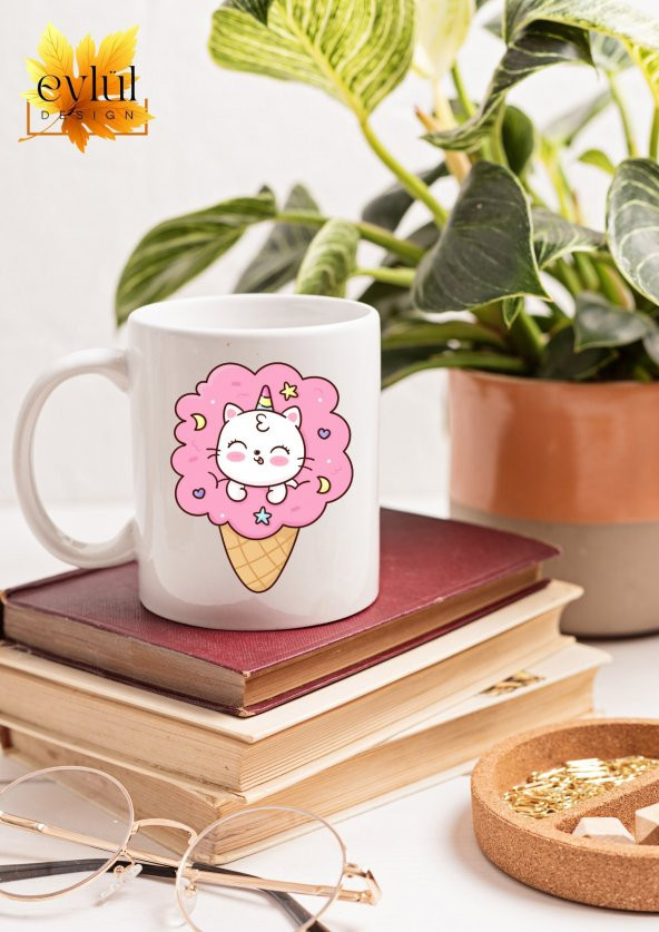 Dondurma Kedi Temalı Sevimli Özel Tasarım Baskılı Kupa Bardak Hediye Bardak - Resim 2