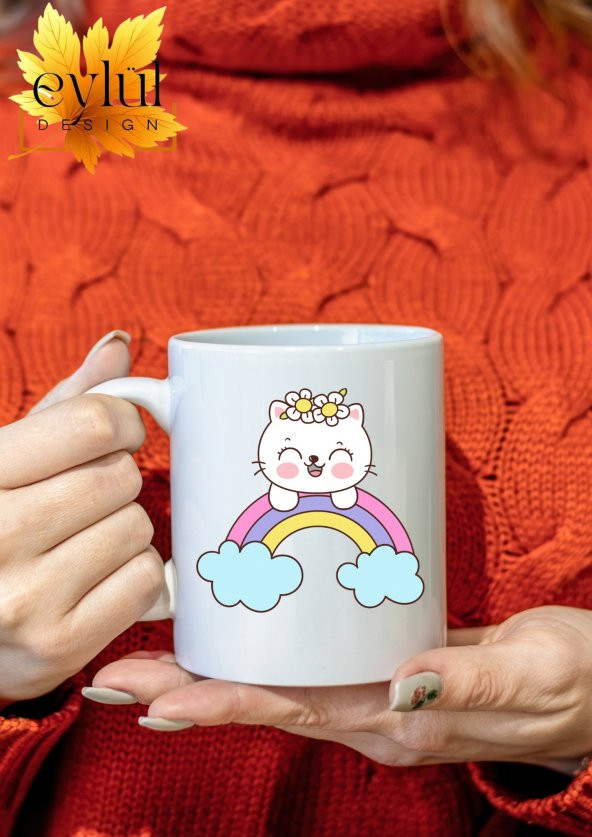 Çiçekli Kedi Temalı Sevimli Özel Tasarım Baskılı Kupa Bardak Hediye Bardak - Resim 2