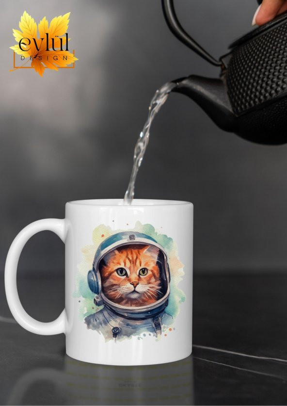 Astronot Kedi Temalı Sevimli Özel Tasarım Baskılı Kupa Bardak Hediye Bardak