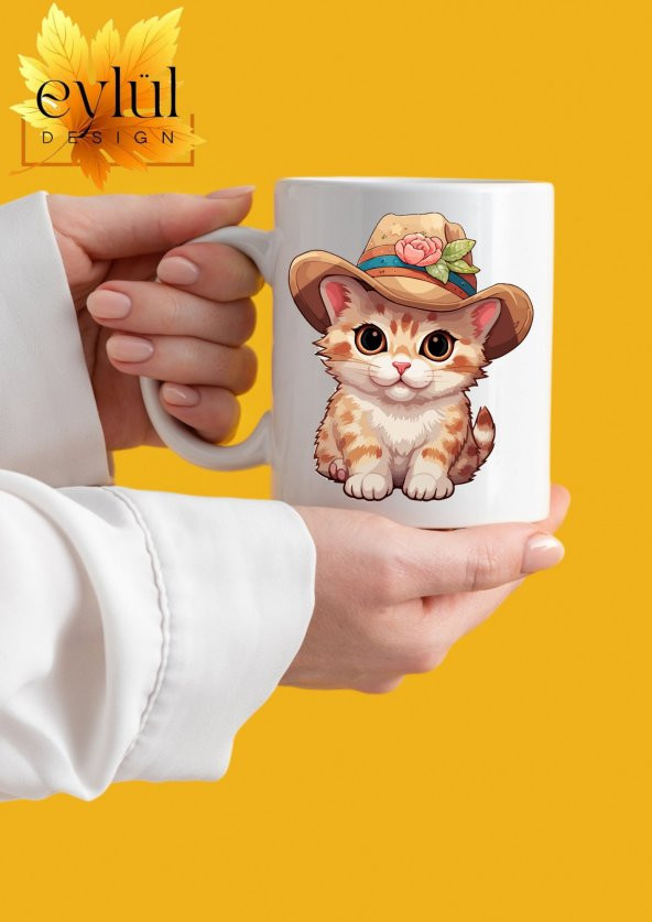 Sevimli Şapkalı Kedi Temalı Özel Tasarım Baskılı Kupa Bardak Hediye Bardak
