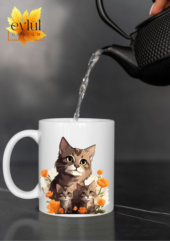 Çiçekli Kedi ve Yavruları Temalı Sanat Özel Tasarım Baskılı Kupa Bardak Hediye Bardak - 2