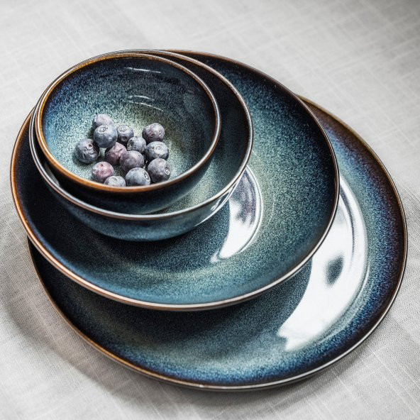 4 Lü Kase Seti Mavi Renk 14 cm MeridyenDukkan Stoneware, Renkli Sır - Resim 6