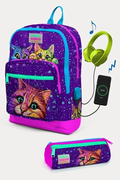 Coral High Mor Pembe Kedi Desenli USB'li 2'li Okul Çanta Seti - Kız Çocuk