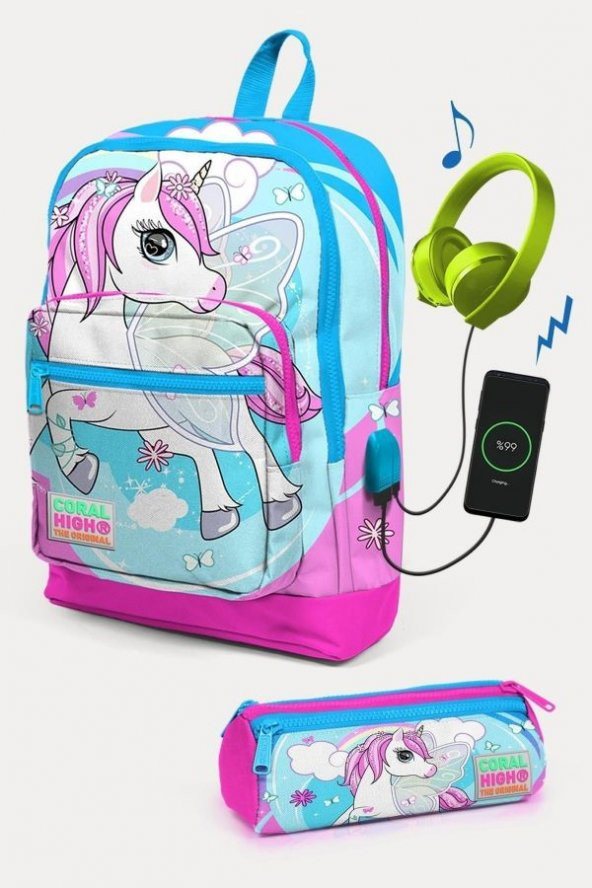 Coral High Kids Mavi Neon Pembe Unicorn Desenli USB'li 2'li Okul Çanta Seti - Kız Çocuk