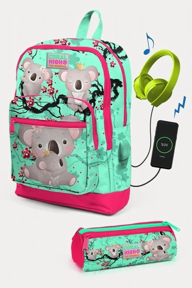 Coral High Kids Su Yeşili Neon Mercan Koala Desenli USB'li 2'li Okul Çanta Seti - Kız Çocuk