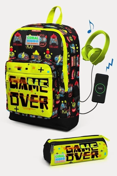 Coral High Kids Siyah Neon Sarı Game Over Desenli USB'li 2'li Okul Çanta Seti - Erkek Çocuk ürün görseli