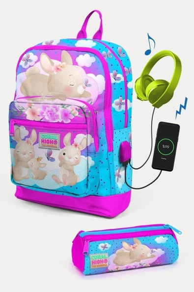Coral High Kids Mavi Pembe Tavşan Desenli USB'li 2'li Okul Çanta Seti - Kız Çocuk