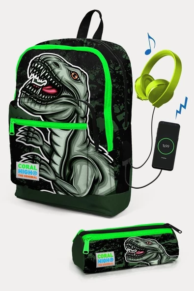 Coral High Koyu Yeşil Siyah Dinazor Desenli USB'li 2'li Okul Çanta Seti - Erkek Çocuk