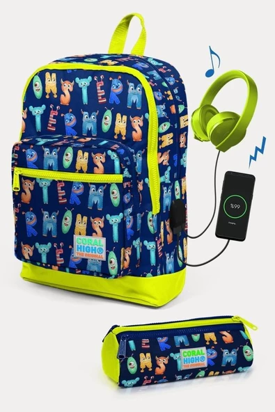 Coral High Kids Lacivert Neon Sarı Monster Desenli USB'li 2'li Okul Çanta Seti - Erkek Çocuk