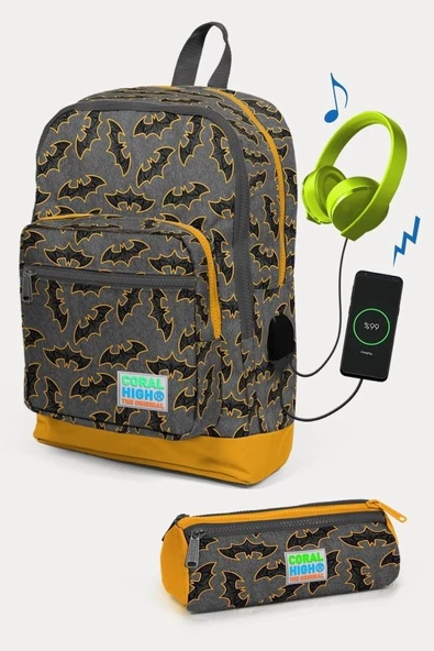 Coral High Kids Koyu Gri Hardal Yarasa Desenli USB'li 2'li Okul Çanta Seti - Erkek Çocuk