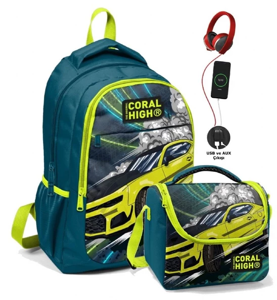 Coral High Erkek Çocuk Okul Çantası ve Beslenme Çantası Seti - Nefti Sarı Araba
