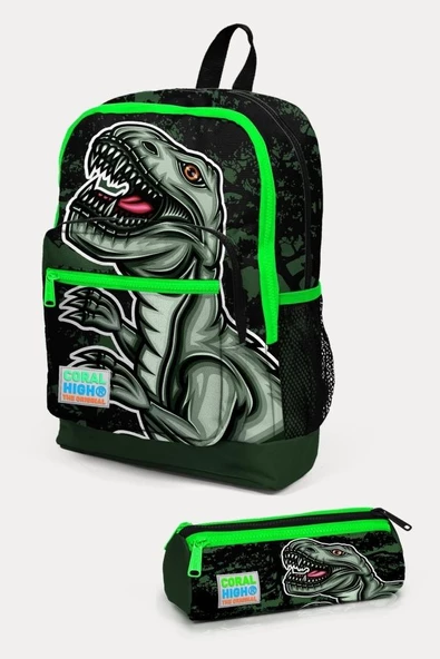 Coral High Koyu Yeşil Siyah Dinazor Desenli 2'li Okul Çanta Seti - Erkek Çocuk ürün görseli