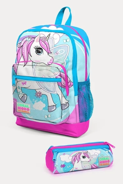 Coral High Kids Mavi Neon Pembe Unicorn Desenli 2'li Okul Çanta Seti - Kız Çocuk ürün görseli