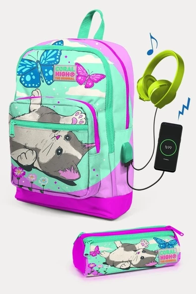 Coral High Kids Su Yeşili Pembe Kedi Desenli USB'li 2'li Okul Çanta Seti - Kız Çocuk ürün görseli