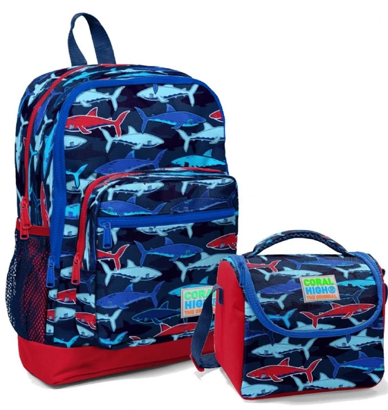 Coral High Erkek Çocuk İlkokul Okul Sırt Çantası ve Beslenme Çanta Seti - Lacivert Köpekbalığı