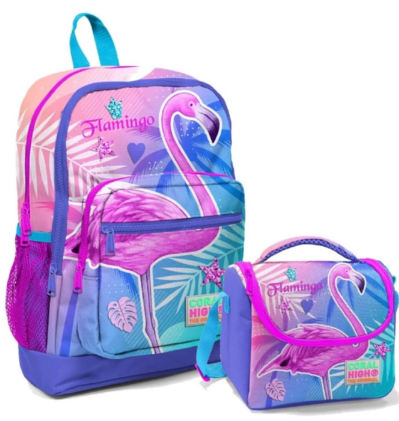 Coral High Pembe Mor Flamingo Kız Çocuk İlköğretim Okul Sırt Çantası ve Beslenme Çanta Seti