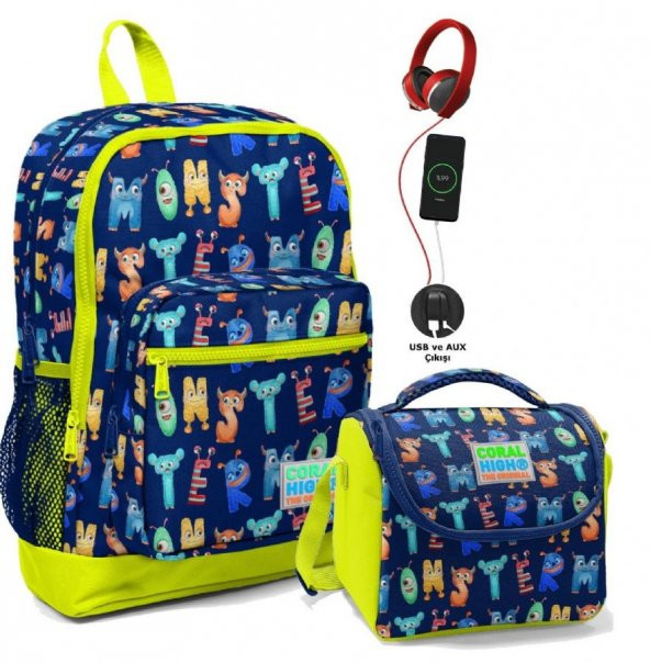 Coral High Okul Çantası ve Termal Beslenme Çanta Seti - Erkek Çocuk Sevimli Harfler USB ve AUX Çıkışlı