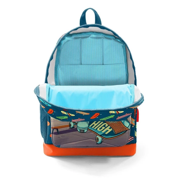 Coral High Okul Çantası ve Termal Beslenme Çanta Seti - Erkek Çocuk Çivit Turuncu Kaykay USB ve AUX Çıkışlı - Resim 3