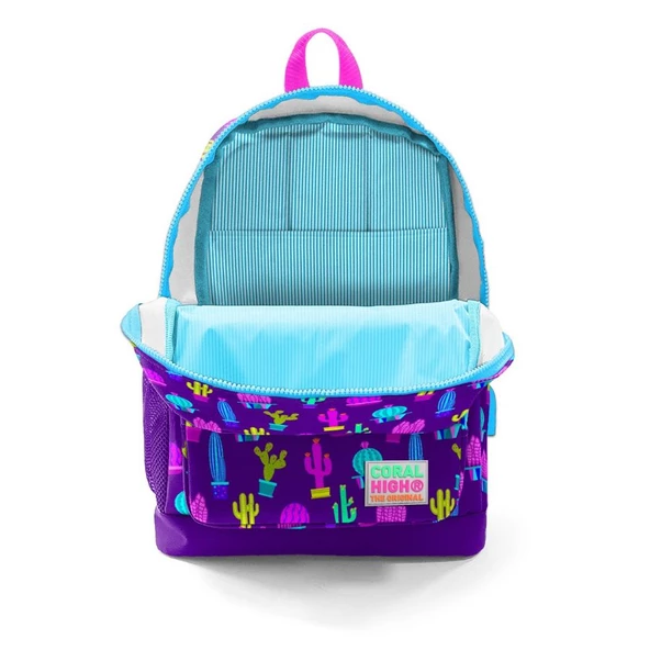 Coral High Baskılı Okul Çantası ve Beslenme Çantası Seti - Kız Çocuk Mor Kaktüs - USB Soketli - Resim 3