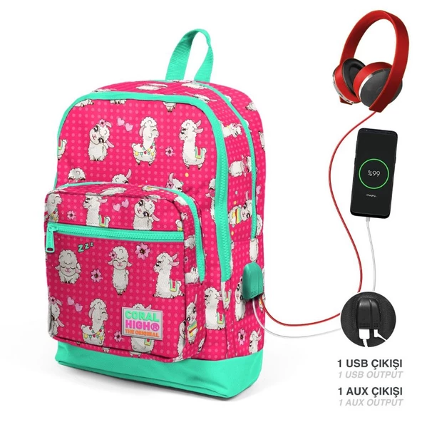 Coral High Okul Çantası ve Beslenme Çantası Seti - Kız Çocuk Yeşil Kırmızı Lama - USB Soketli - Resim 2
