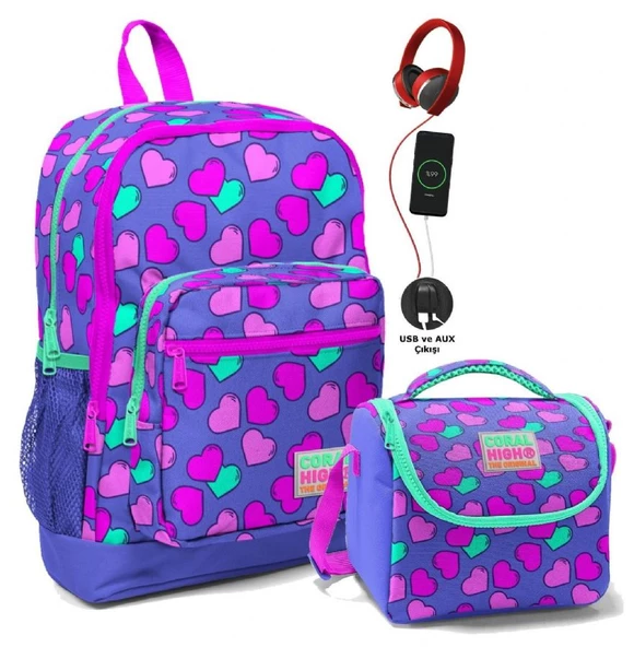 Coral High Okul Çantası ve Beslenme Çantası Seti - Kız Çocuk Lavanta Pembe Kalp - USB Soketli
