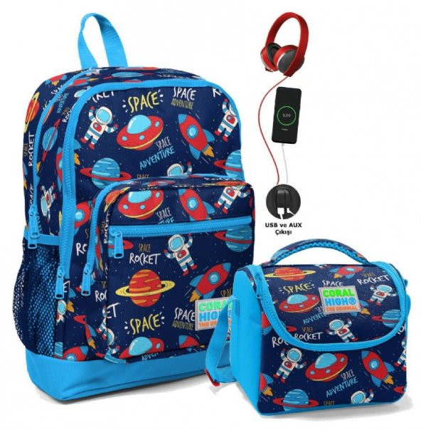 Coral High Okul Çantası ve Beslenme Çantası Seti - Erkek Çocuk Mavi Lacivert Uzay - USB Soketli