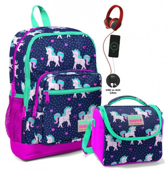 Coral High İlkokul Çanta Seti - USB ve AUX Çıkışlı Kız Çocuk Pembe Mavi Unicorn