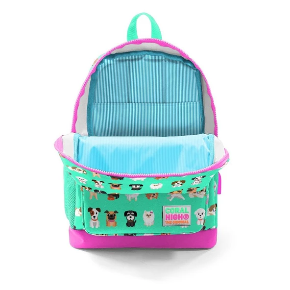 Coral High Okul Çantası ve Beslenme Çantası Seti - Kız Çocuk Yeşil Pembe Köpek - USB Soketli - Resim 3