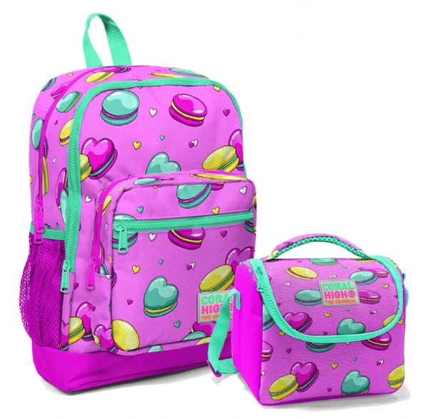 Coral High Pembe Makaron Kız Çocuk İlköğretim Okul Sırt Çantası ve Beslenme Çanta Seti