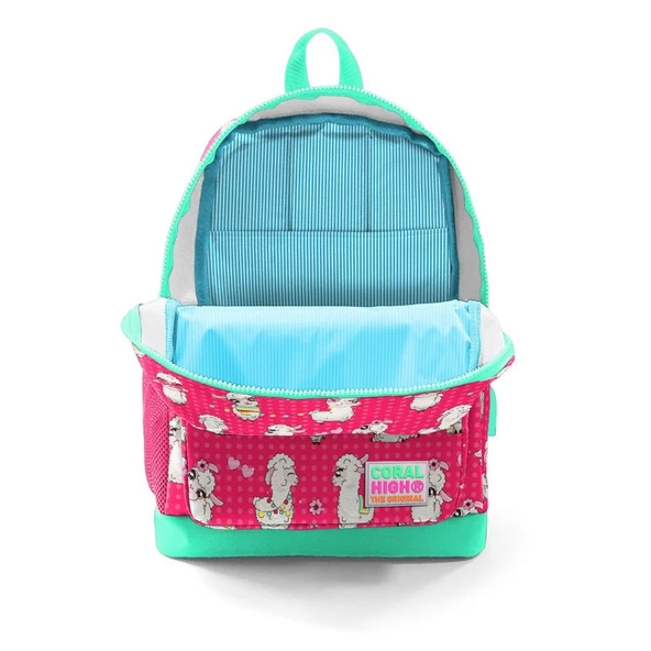 Coral High Okul Çantası ve Beslenme Çantası Seti - Kız Çocuk Yeşil Kırmızı Lama - USB Soketli - Resim 3