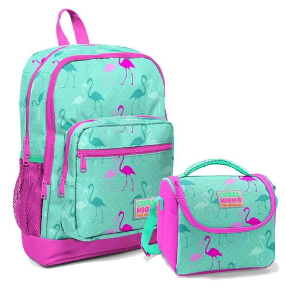 Coral High Dört Bölmeli Okul Sırt Çantası & Beslenme Çantası - Pembe Yeşil Flamingo Kız Çocuk ürün görseli